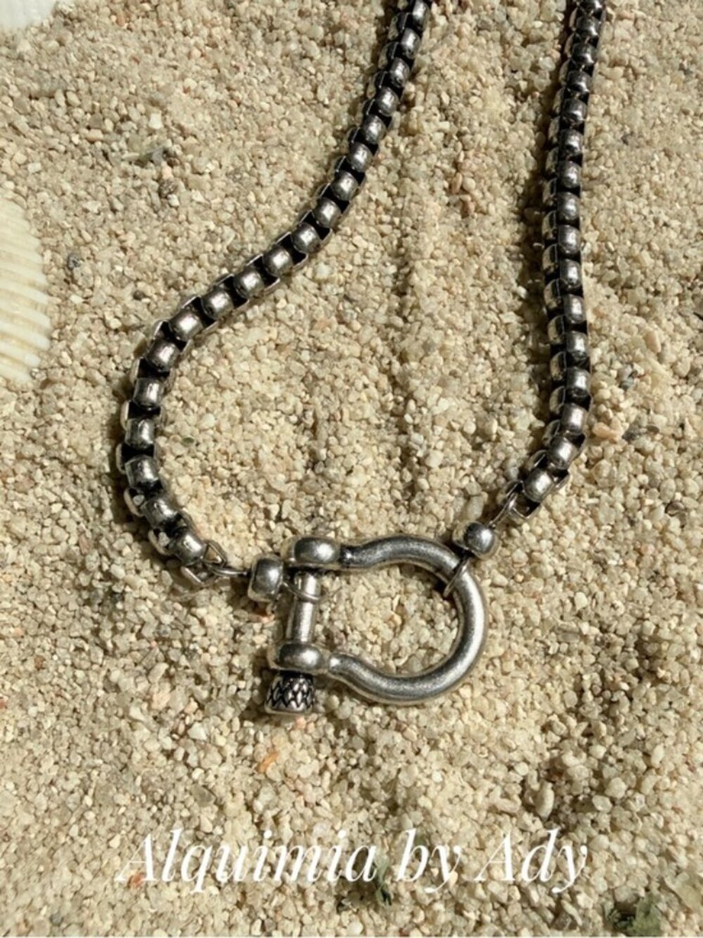 Shackle Pendant Silver Braided Chain Necklace